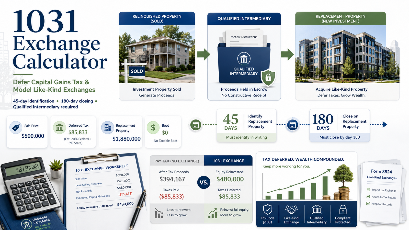 1031 exchange real estate tax deferral infographic showing 45-day identification and 180-day closing timeline