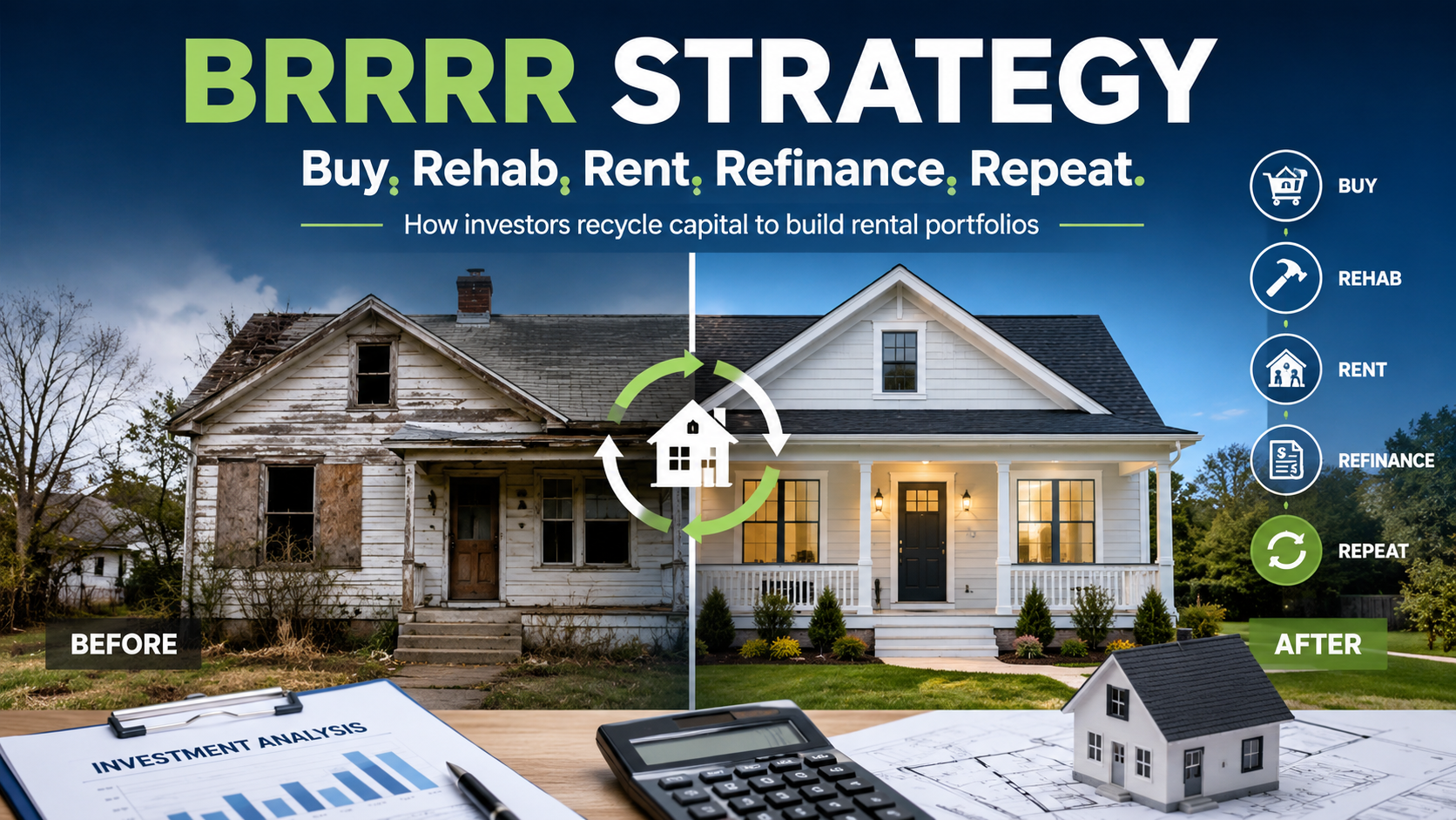 BRRRR strategy overview showing before and after renovation with buy rehab rent refinance repeat steps for building a rental portfolio