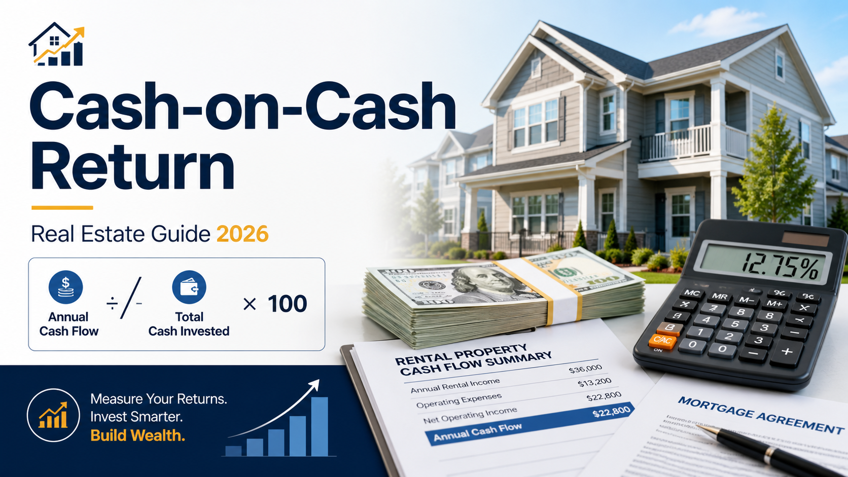 Cash-on-cash return formula for real estate showing annual cash flow divided by total cash invested with rental property and calculator