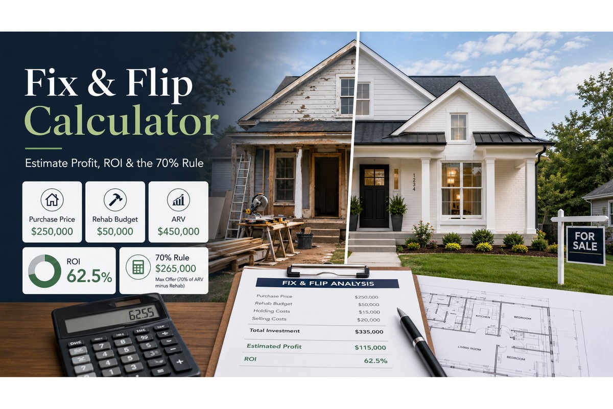 Fix and flip calculator infographic showing purchase price rehab budget ARV ROI and 70 percent rule for real estate flipping in 2026