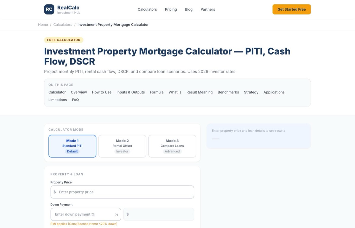 Investment property mortgage calculator showing three modes and PITI input fields