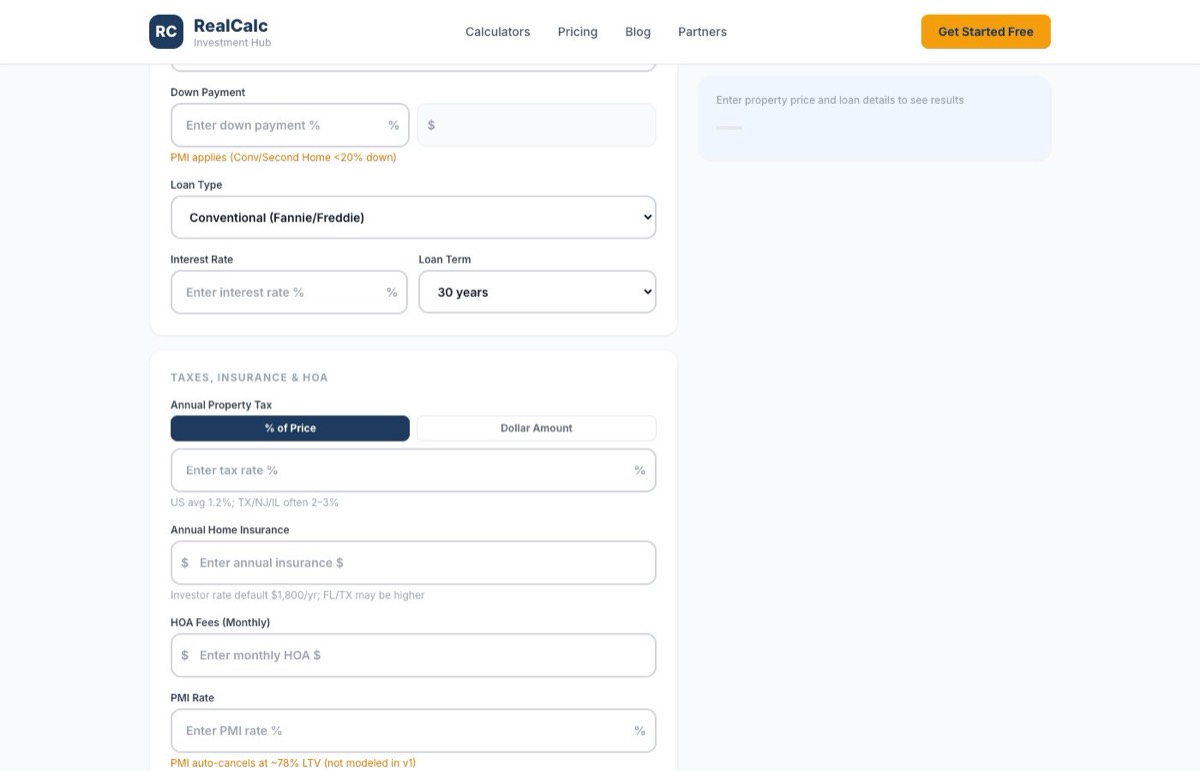Mortgage calculator inputs for property price down payment and loan type