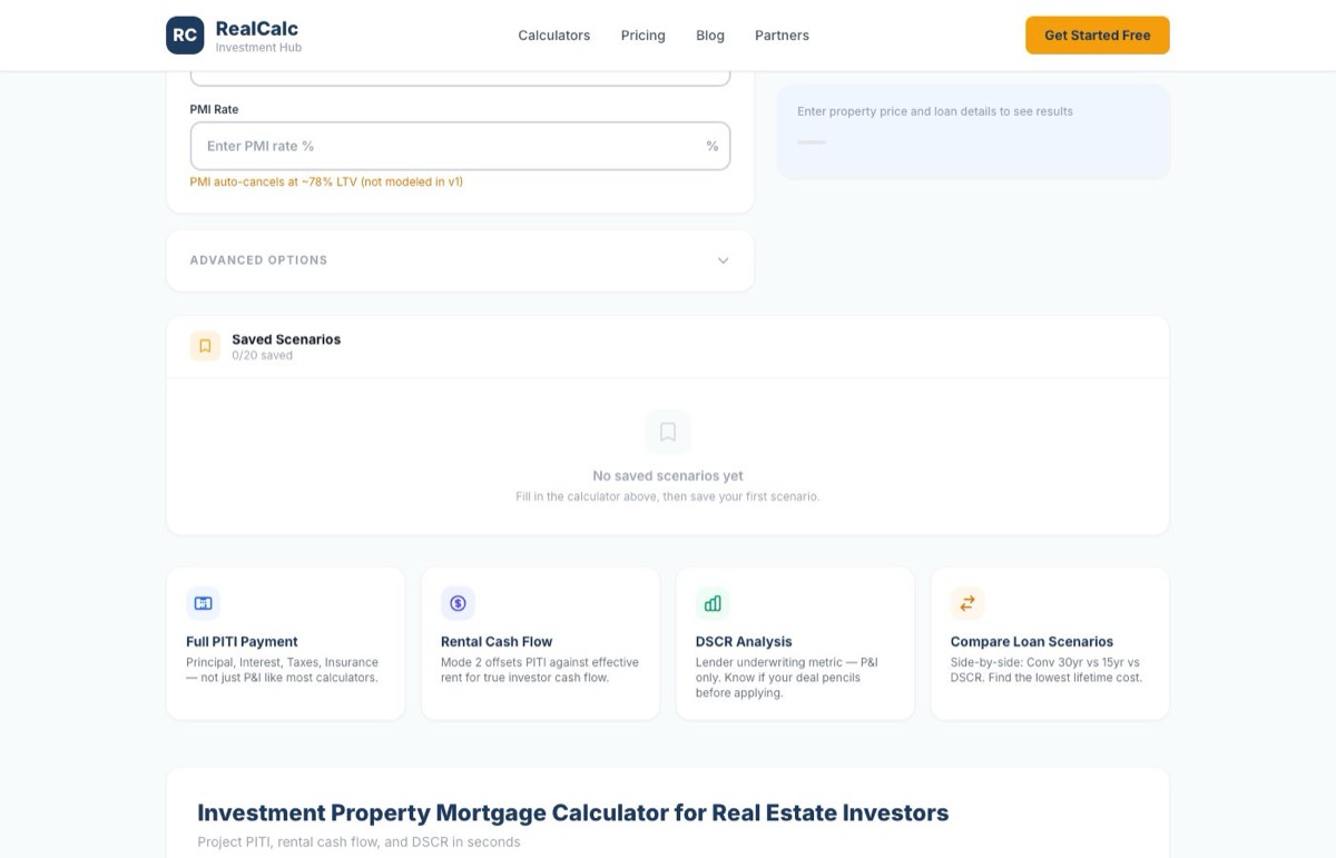 Investment mortgage calculator PITI results with payment breakdown