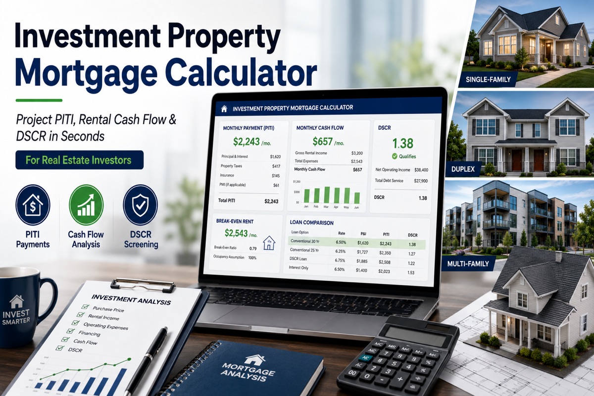 Investment property mortgage calculator showing PITI cash flow and DSCR analysis for real estate investors