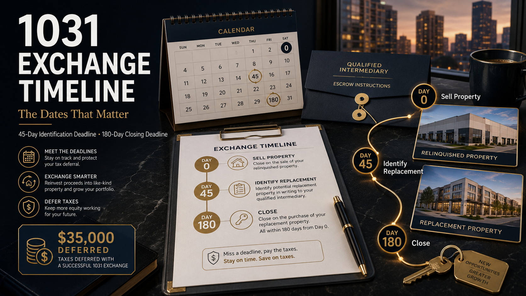 1031 exchange timeline showing 45-day identification and 180-day closing deadlines with 5,000 tax deferral
