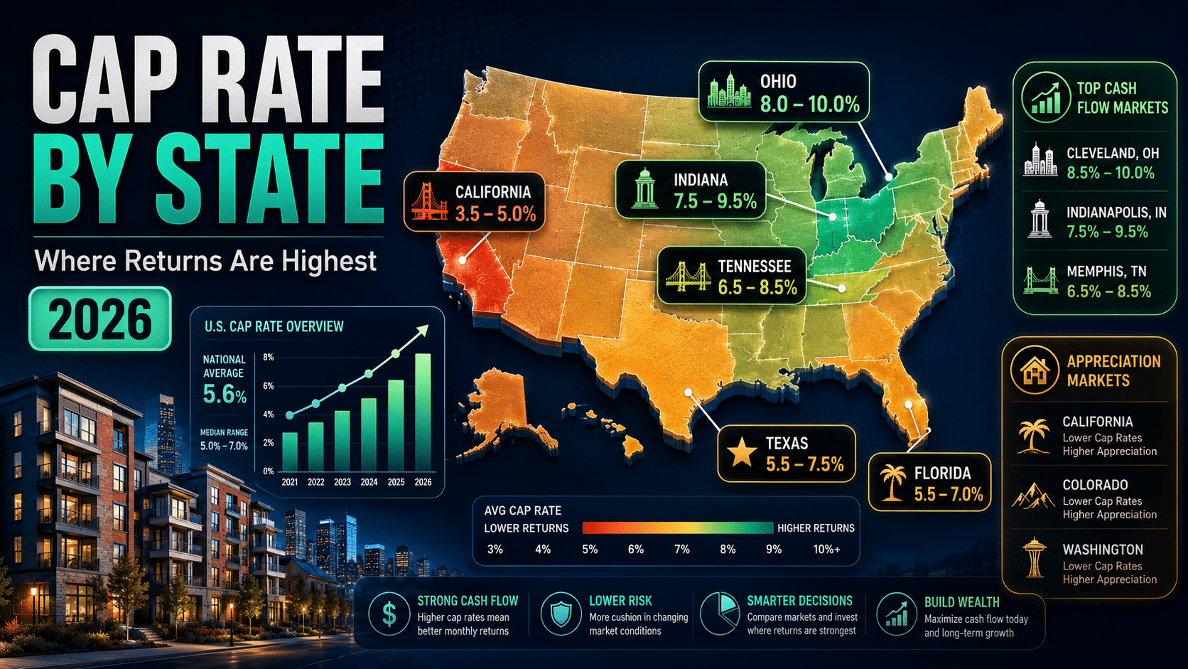 Cap rate by state - US map showing highest rental returns by market in 2026