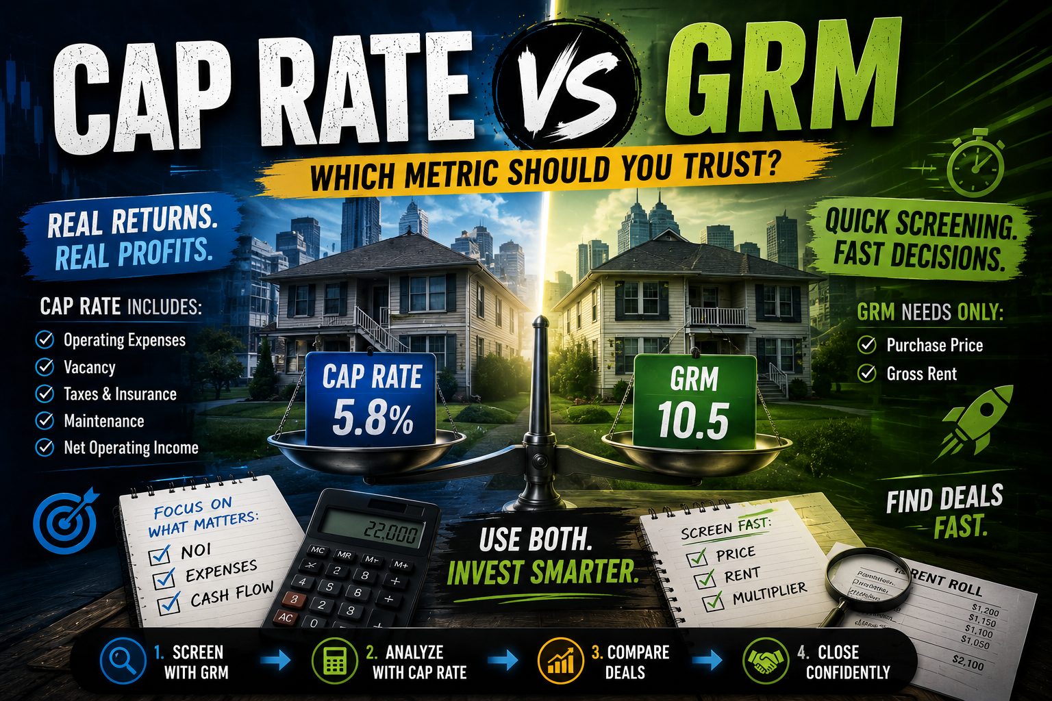cap rate vs grm comparison showing formulas and when to use each metric