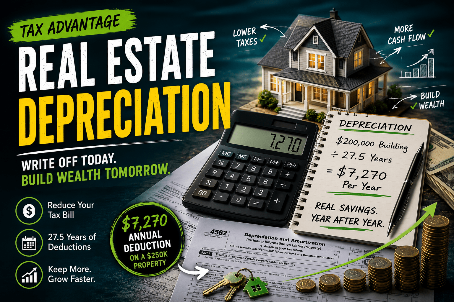 Real estate depreciation - ,270 annual tax deduction on 50K property over 27.5 years