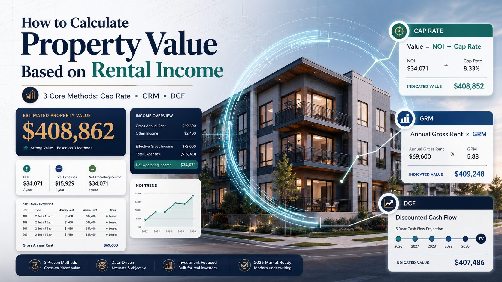 calculate property value based on rental income using cap rate GRM and DCF methods