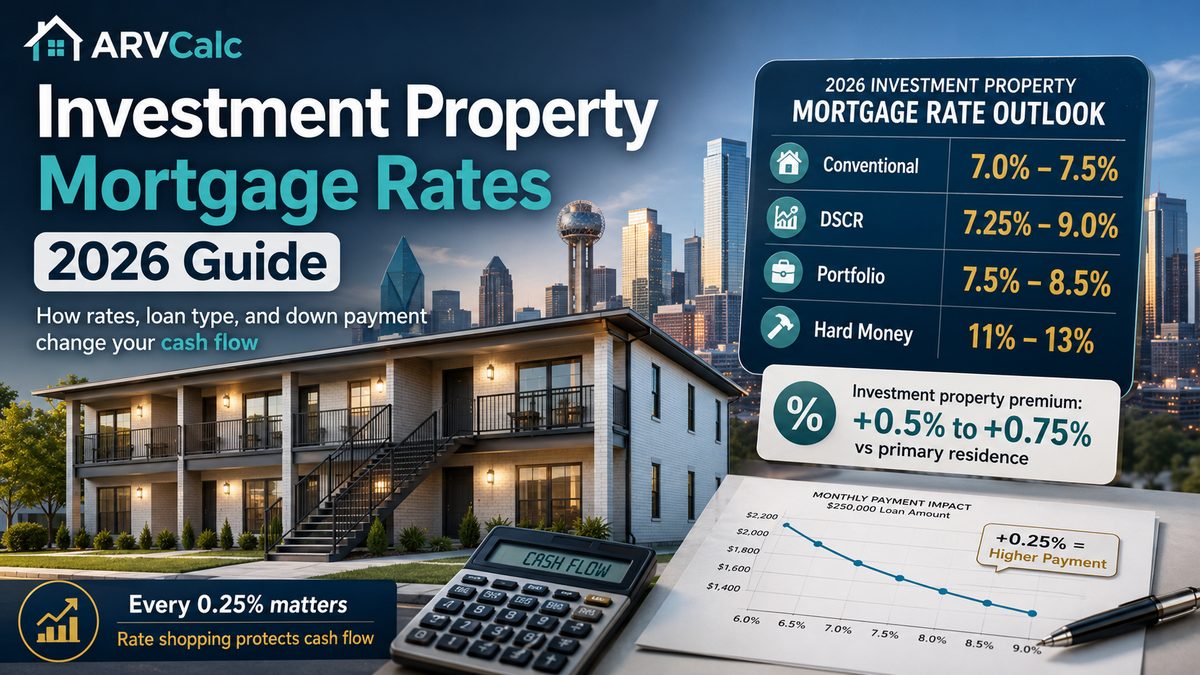 Investment property mortgage rates 2026 showing conventional 7.0-7.5%, DSCR 7.25-9.0%, portfolio and hard money rates