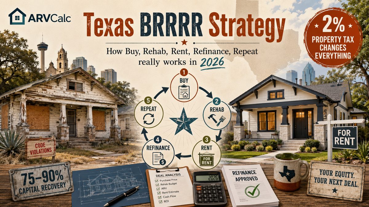 Texas BRRRR strategy showing buy rehab rent refinance repeat cycle with 2 percent property tax impact and 75-90 percent capital recovery