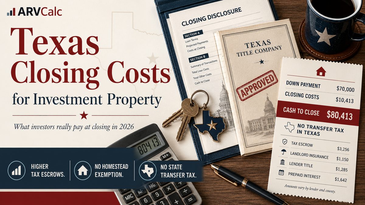 Texas closing costs breakdown for investment property showing down payment, closing costs, cash to close, and no transfer tax