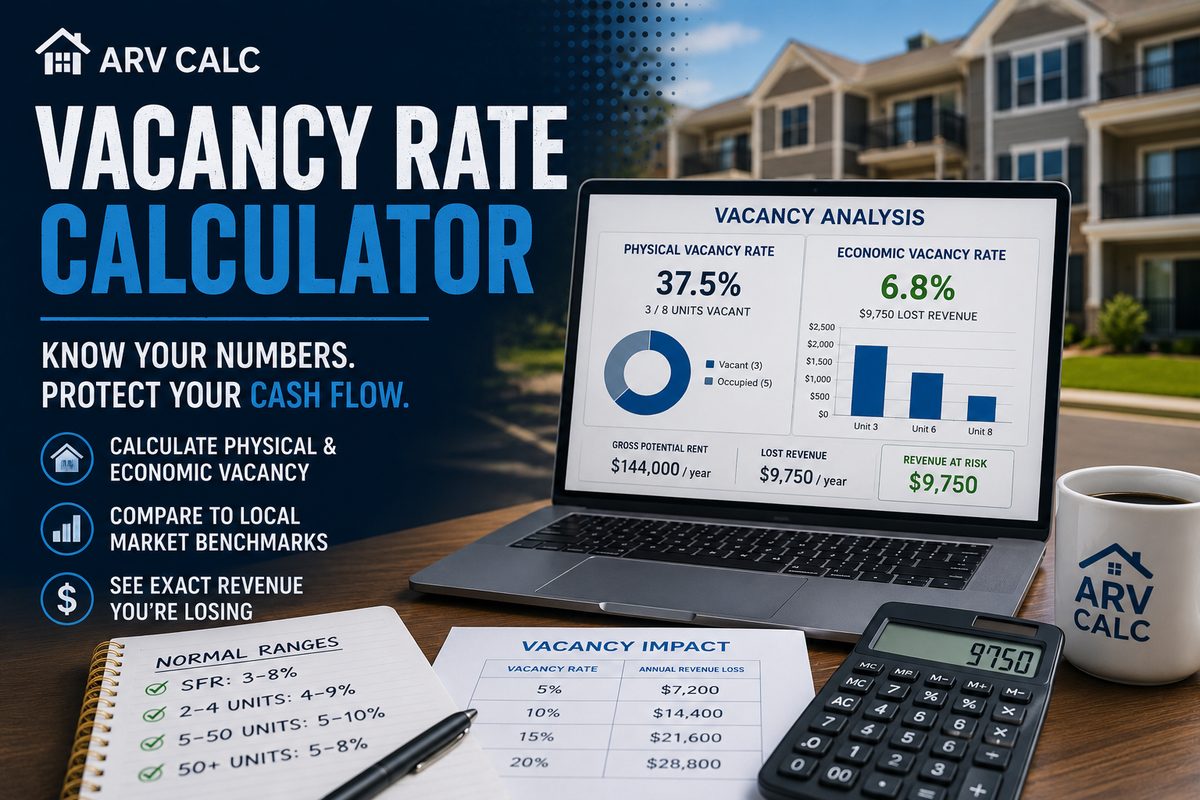 Vacancy rate calculator showing physical vacancy 37.5% and economic vacancy 6.8% with rental property analysis