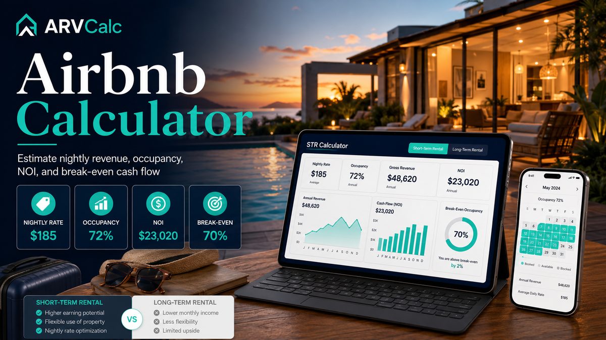 Airbnb calculator showing nightly rate 185 occupancy 72 percent NOI 23020 and break-even cash flow analysis