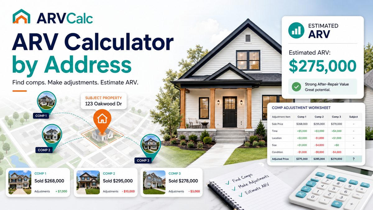 ARV calculator by address showing subject property, 3 comparable sales with adjustments, and estimated ARV of 275000