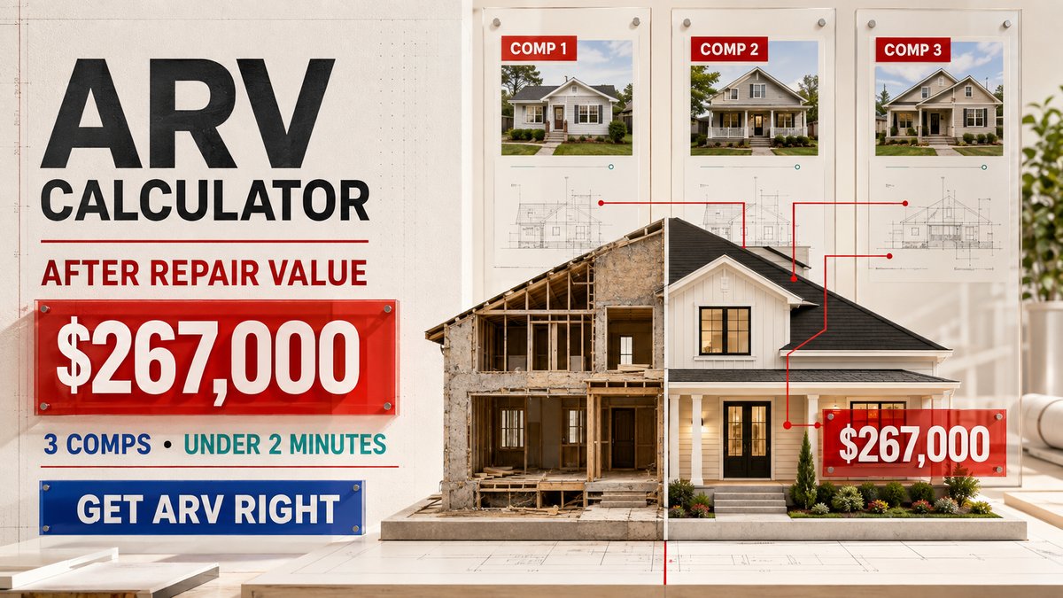 ARV calculator showing after repair value 267000 from 3 comps with house before and after renovation under 2 minutes