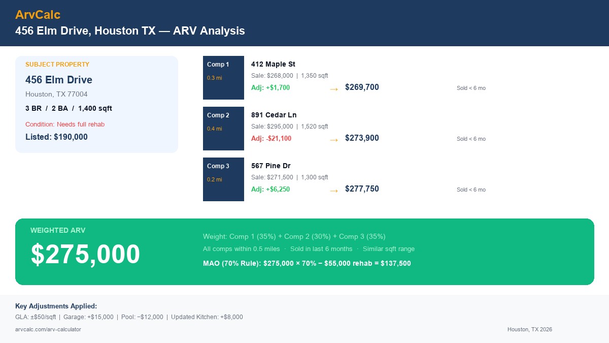 ARV worked example for 456 Elm Drive Houston showing 3 comps adjusted to estimated ARV of 275000