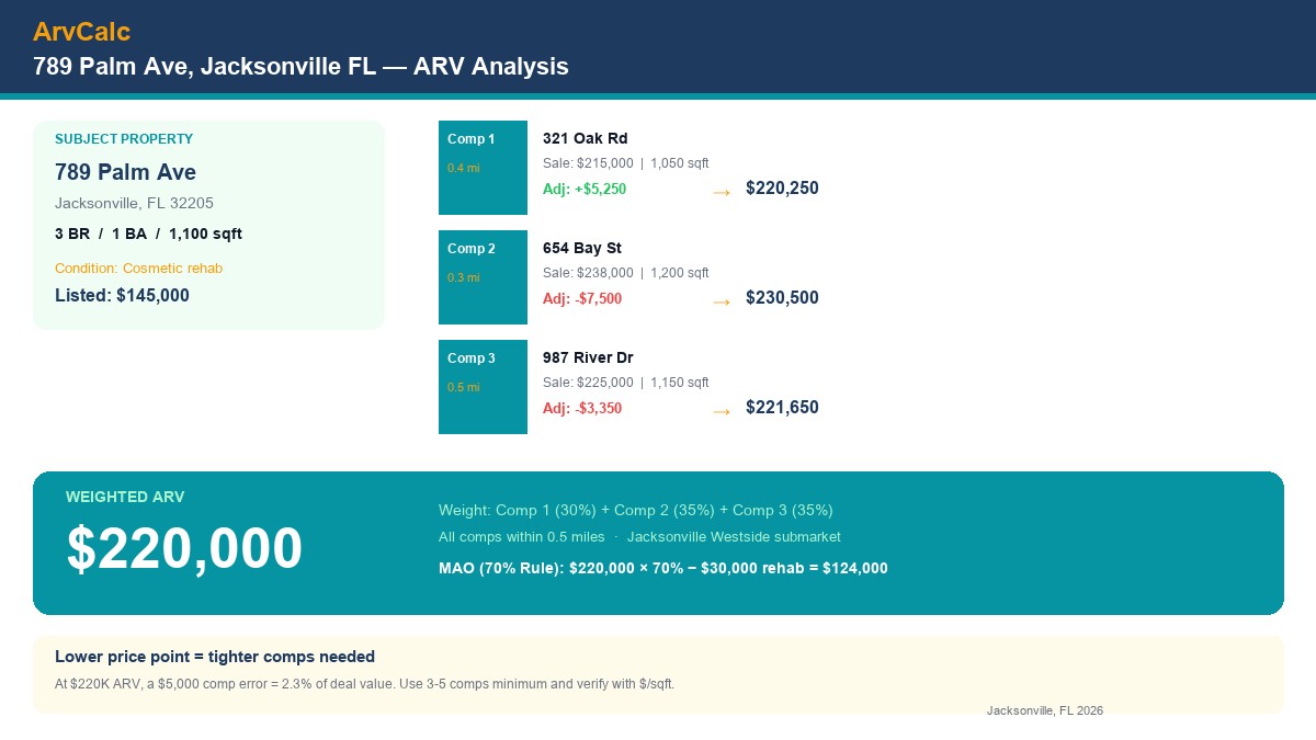 ARV worked example for 789 Palm Ave Jacksonville showing 3 comps adjusted to estimated ARV of 220000