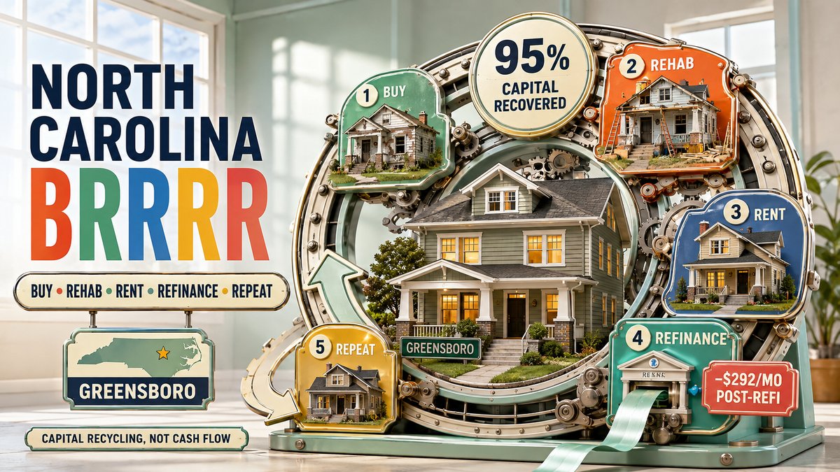 North Carolina BRRRR strategy Greensboro showing 95% capital recovered buy rehab rent refinance repeat cycle with -292 per month post-refi
