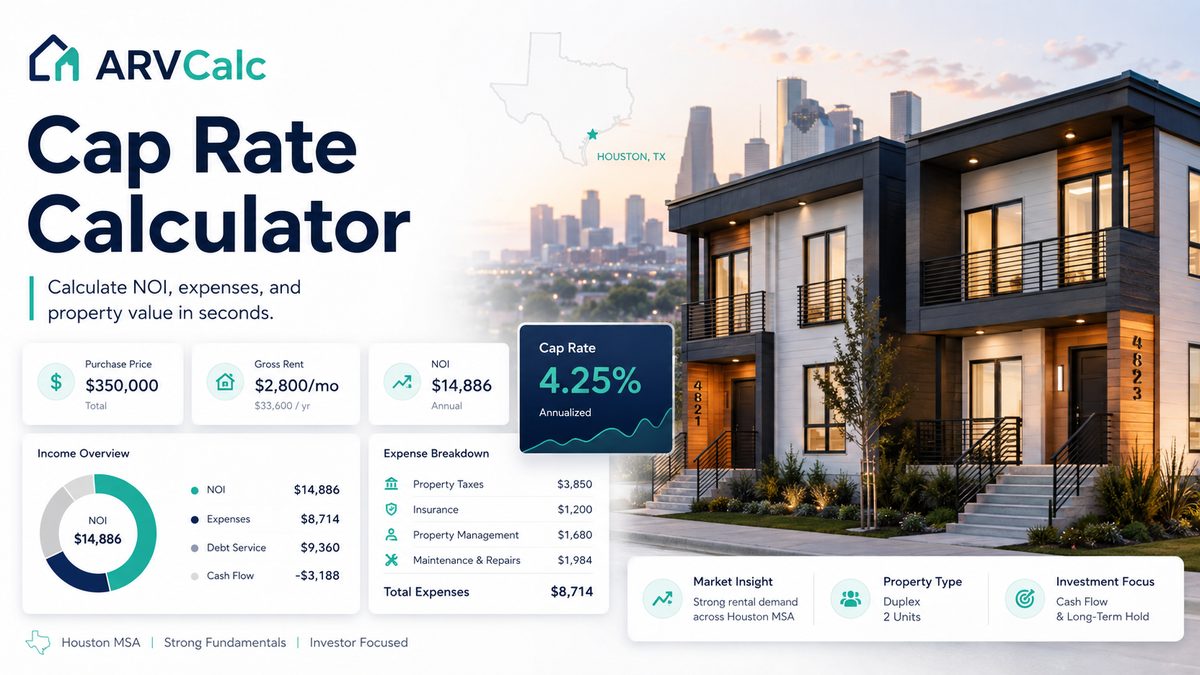 Cap rate calculator showing NOI divided by property value with Houston duplex example