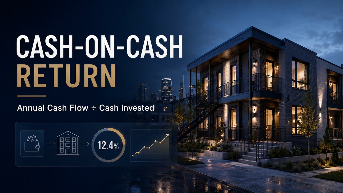 Cash-on-cash return calculator showing annual cash flow divided by cash invested equals 12.4 percent