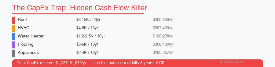 Property cash flow calculator CapEx trap: skip reserves and one roof kills 3 years of cash flow