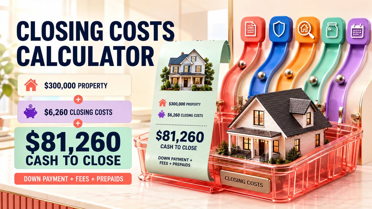 Closing costs calculator showing 300000 property with 6260 closing costs and 81260 cash to close including down payment fees and prepaids