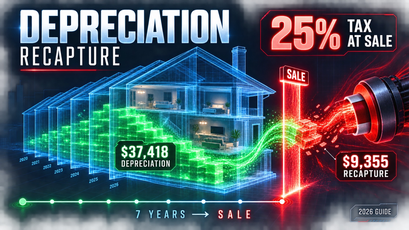 Depreciation recapture calculator guide — Section 1250 tax 25% rate Cleveland rental 7 years $37,418 depreciation $9,355 recapture tax
