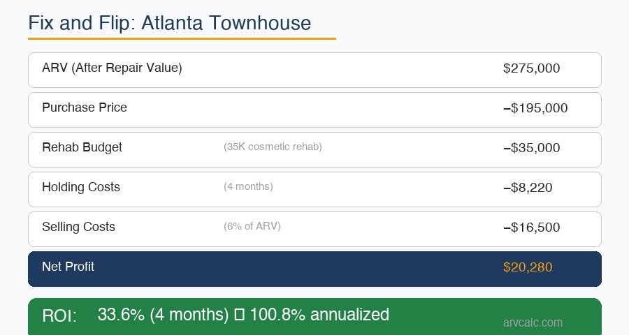 Fix and flip Atlanta townhouse example showing 20280 profit