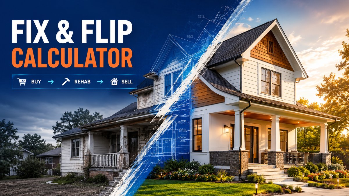 Fix and flip calculator showing buy rehab sell workflow with before and after house renovation