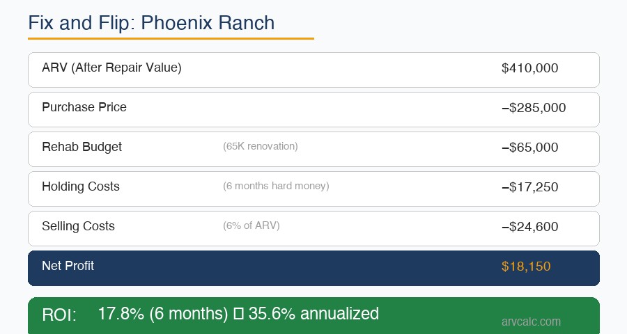 Fix and flip calculator Phoenix ranch example showing 18150 profit