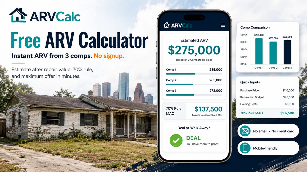Free ARV calculator showing estimated ARV 275000, 3 comparable sales, 70 percent rule MAO 137500, no signup required