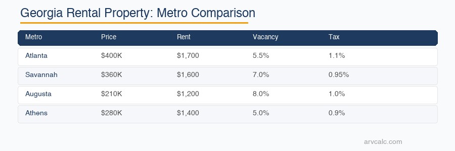 Georgia rental property metro comparison Atlanta vs Savannah vs Augusta vs Athens