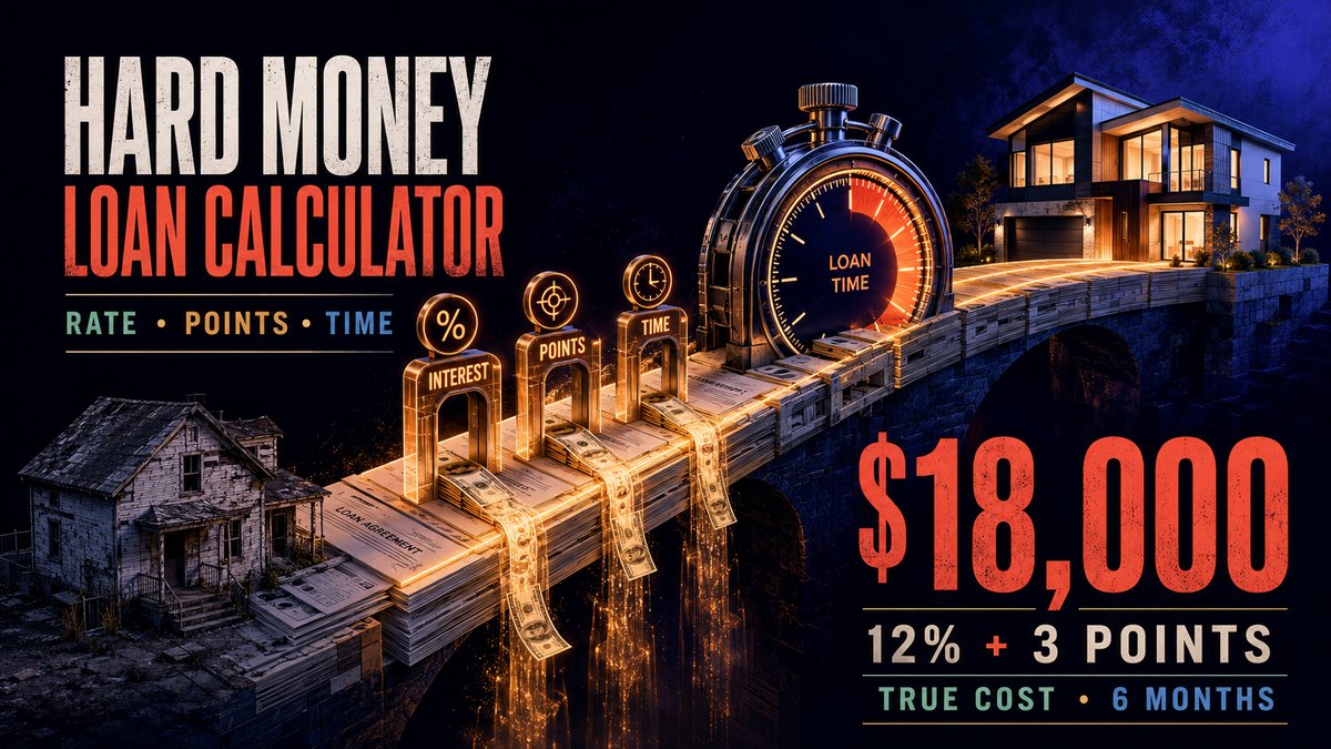 Hard money loan calculator showing rate points time with 18000 dollar true cost at 12% plus 3 points over 6 months