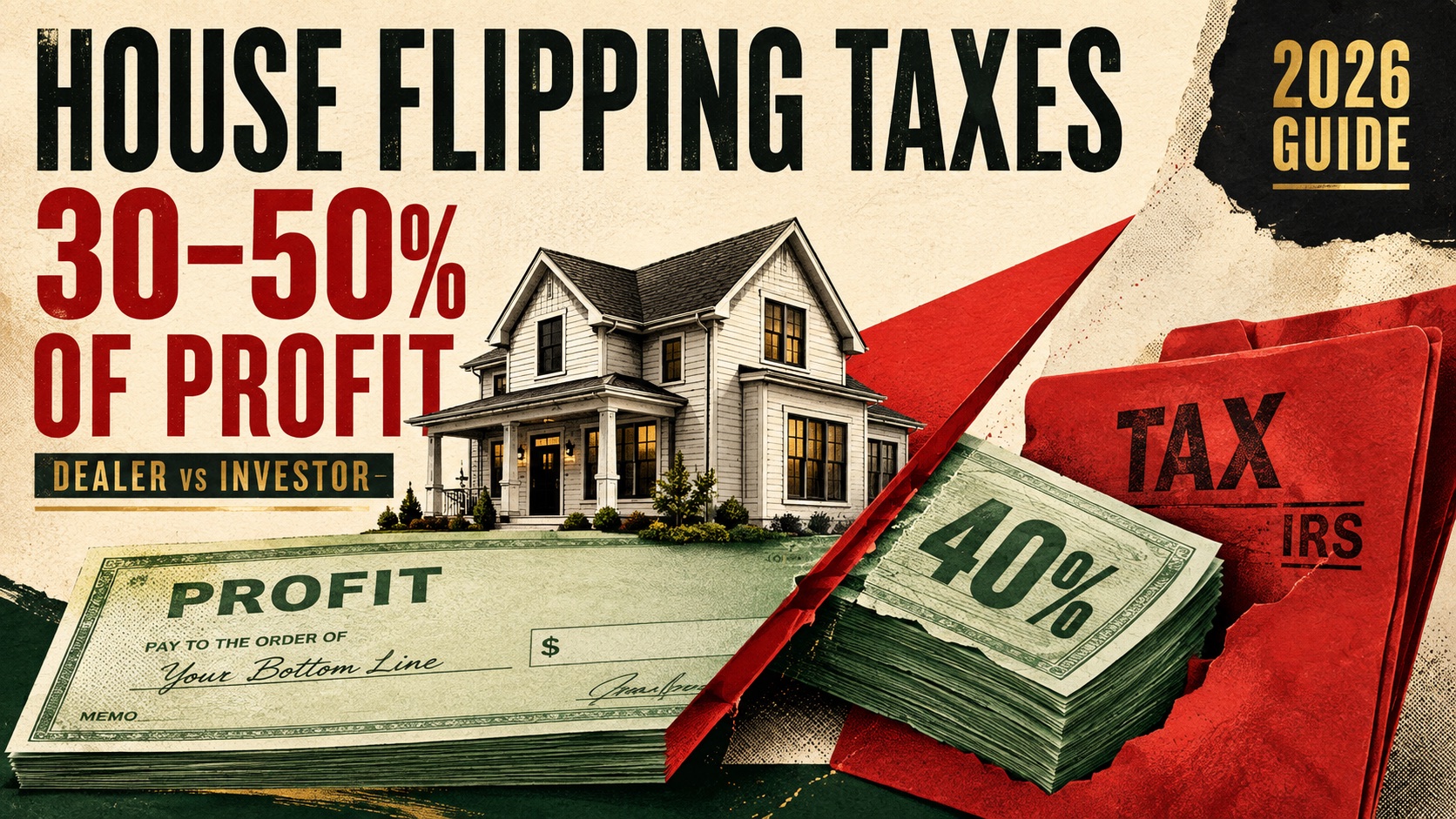 House flipping taxes take 30-50% of profit — dealer vs investor status, IRS ordinary income plus self-employment tax on flip profits 2026