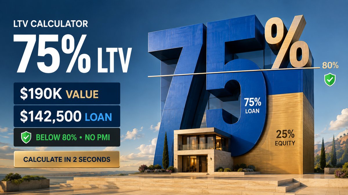 LTV calculator showing 75% LTV on 190K value with 142500 loan below 80% no PMI calculate in 2 seconds