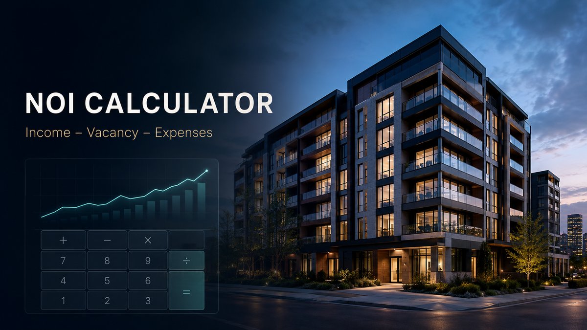 NOI calculator formula showing income minus vacancy minus expenses equals net operating income