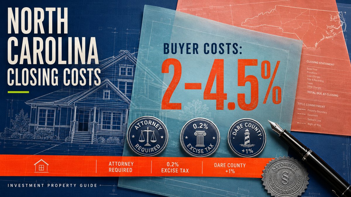 North Carolina closing costs for investment property showing buyer costs 2-4.5% with attorney required 0.2% excise tax and Dare County 1% exception