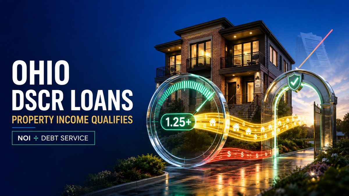 Ohio DSCR loans guide showing property income qualifies with NOI divided by debt service and 1.25 minimum ratio