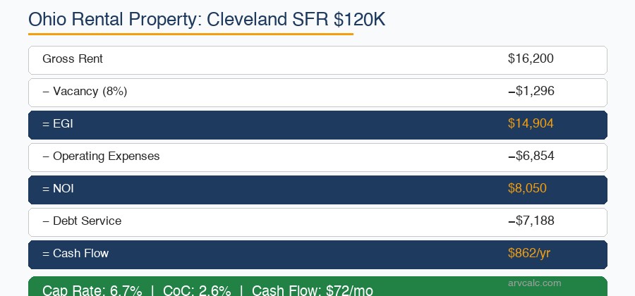 Ohio rental property Cleveland SFR example 120K purchase 6.7% cap rate