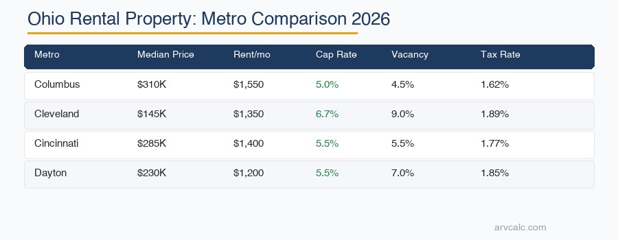 Ohio rental property metro comparison 2026 Columbus vs Cleveland vs Cincinnati vs Dayton