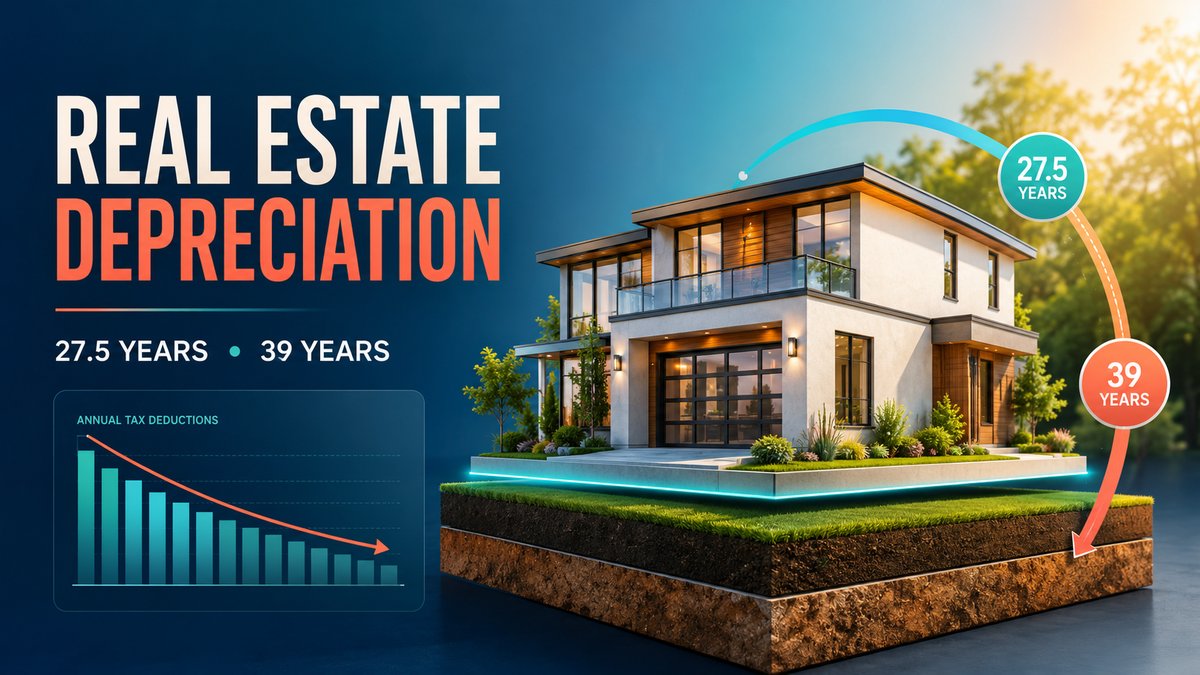 Real estate depreciation calculator showing 27.5 years residential and 39 years commercial schedules with annual tax deductions chart