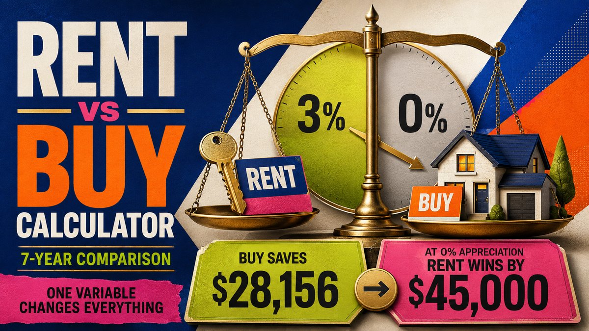 Rent vs buy calculator 7 year comparison showing buy saves 28156 at 3% appreciation but at 0% rent wins by 45000