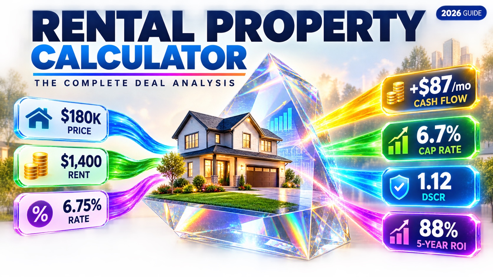 Rental property calculator guide — $180K Cleveland SFR $1,400 rent +$87 cash flow 6.7% cap rate 1.12 DSCR 88% 5-year ROI