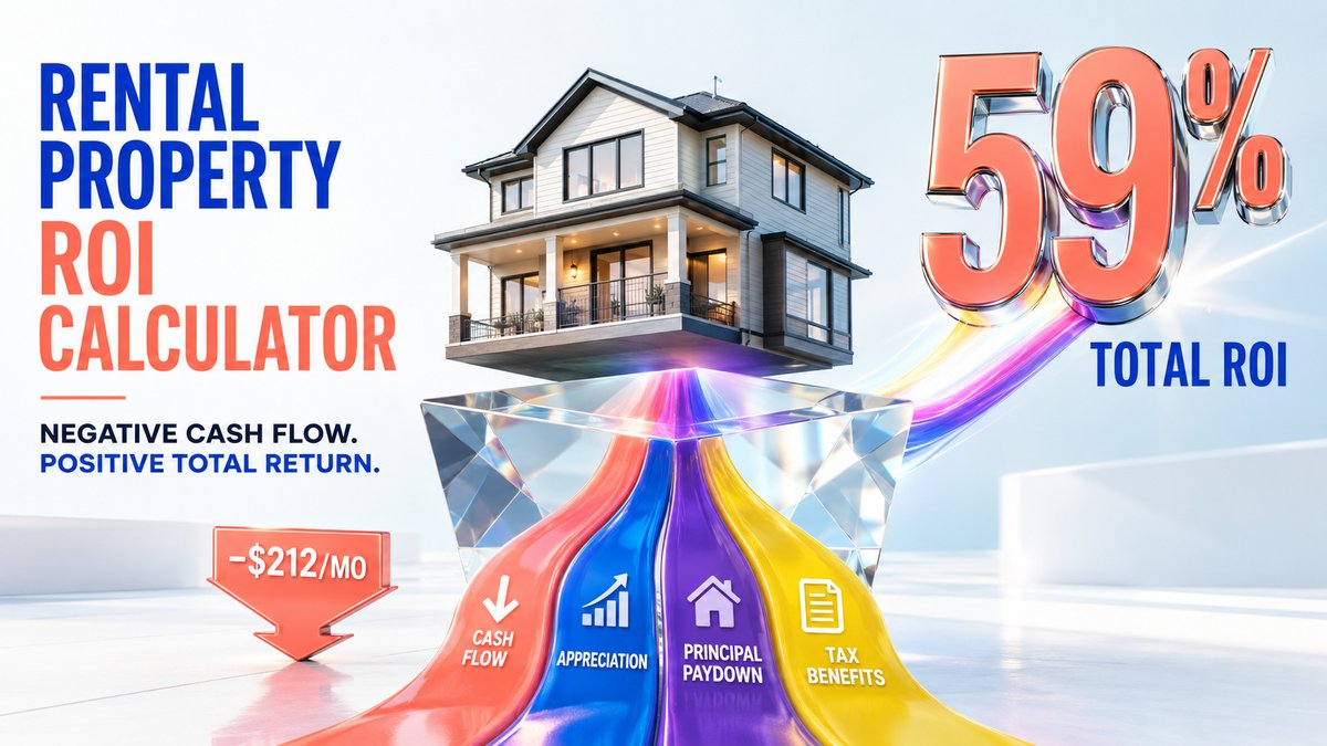 Rental property ROI calculator showing negative 212 monthly cash flow but 59 percent total ROI with appreciation principal paydown and tax benefits
