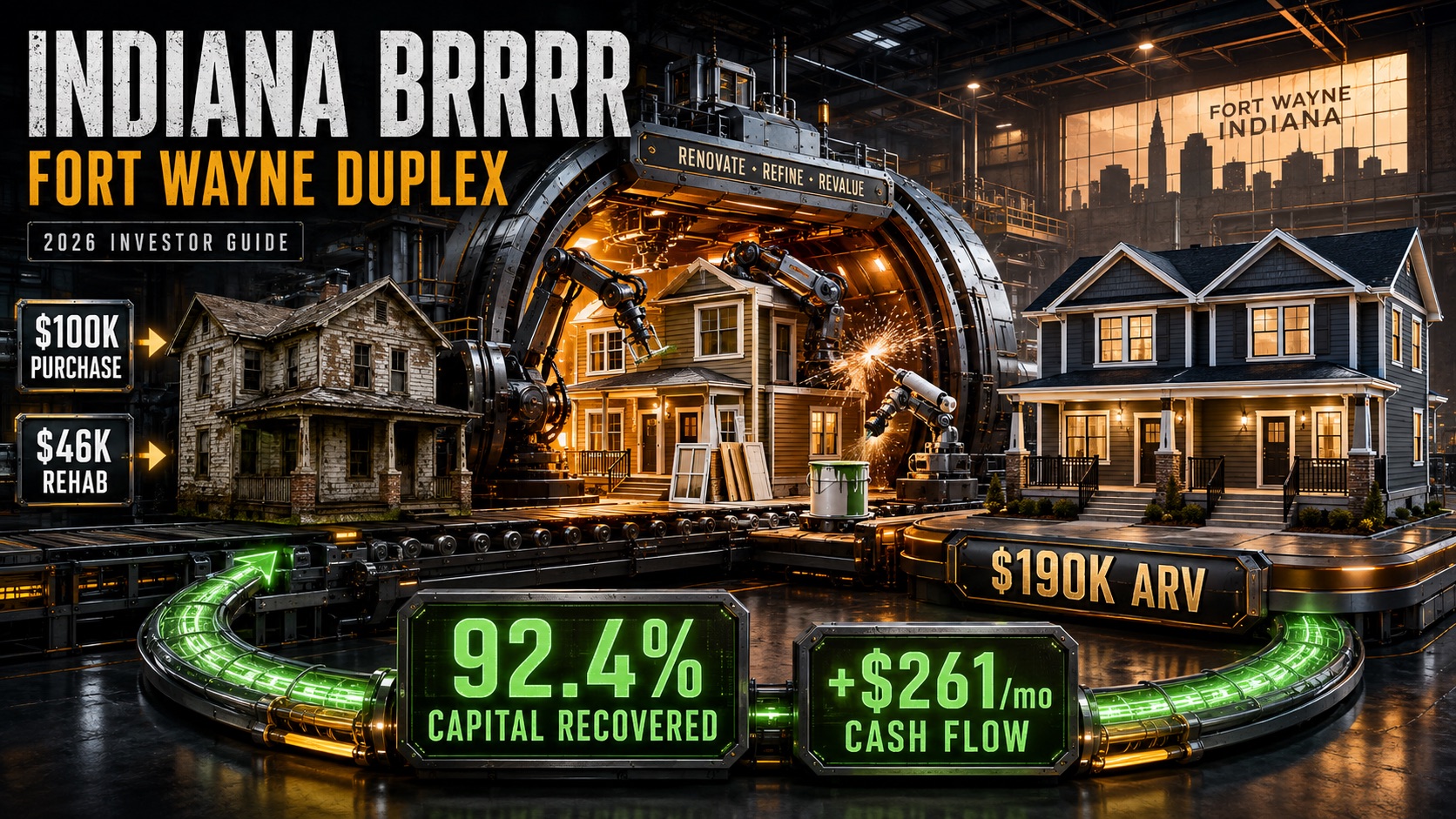 BRRRR Indiana Fort Wayne duplex — $100K purchase $46K rehab $190K ARV 92.4% capital recovered +$261 monthly cash flow