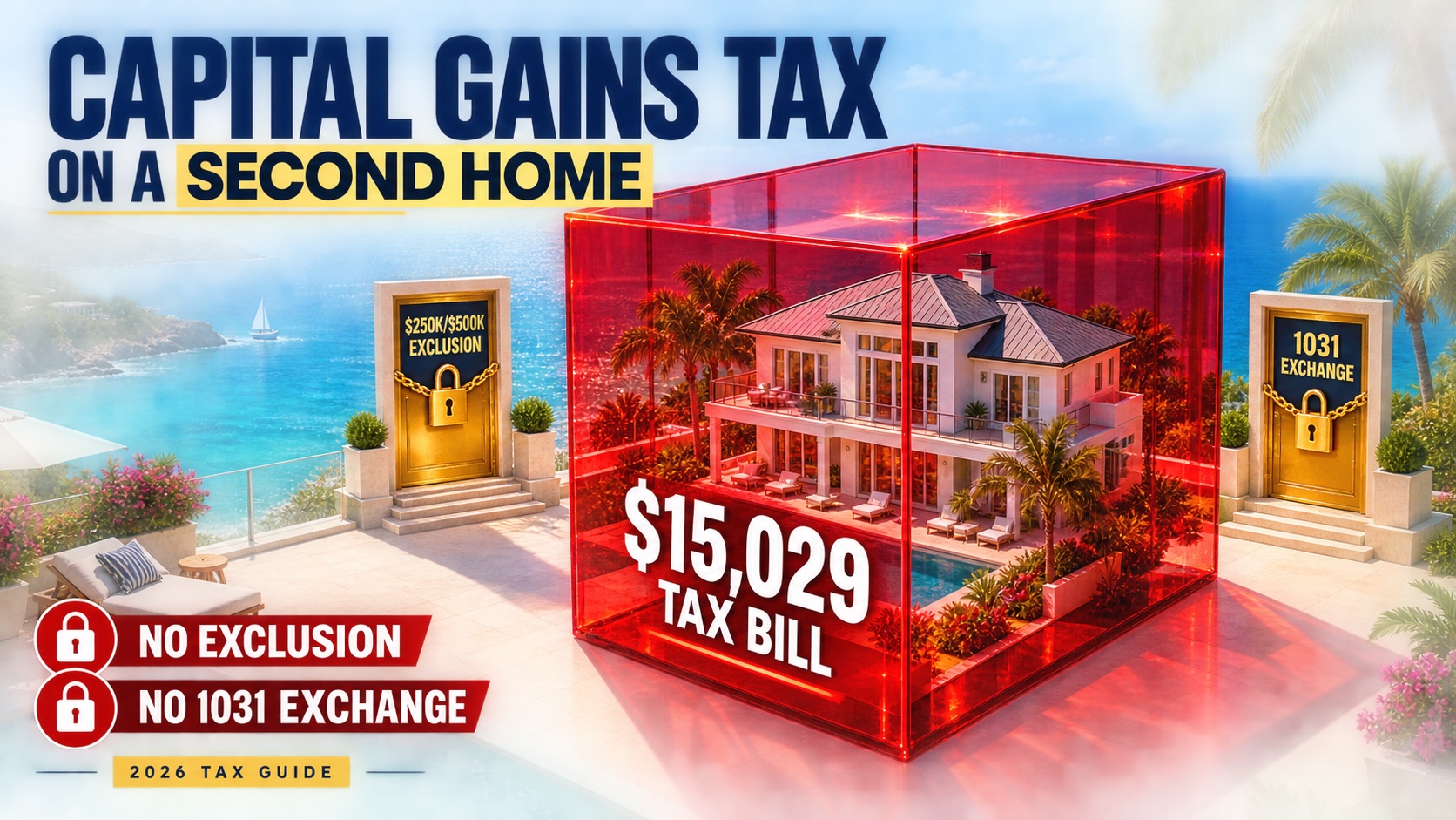 Capital gains tax second home — no $250K exclusion no 1031 exchange $15,029 tax bill on vacation property sale 2026
