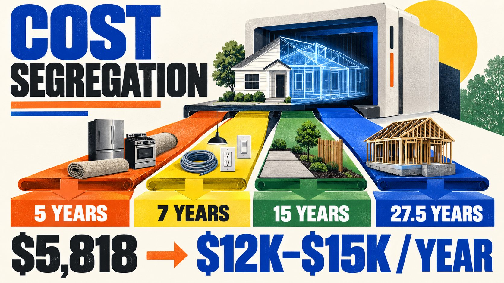Cost segregation study for rental property — accelerate depreciation into first 5 years 5-year 7-year 15-year 27.5-year IRS rules 2026