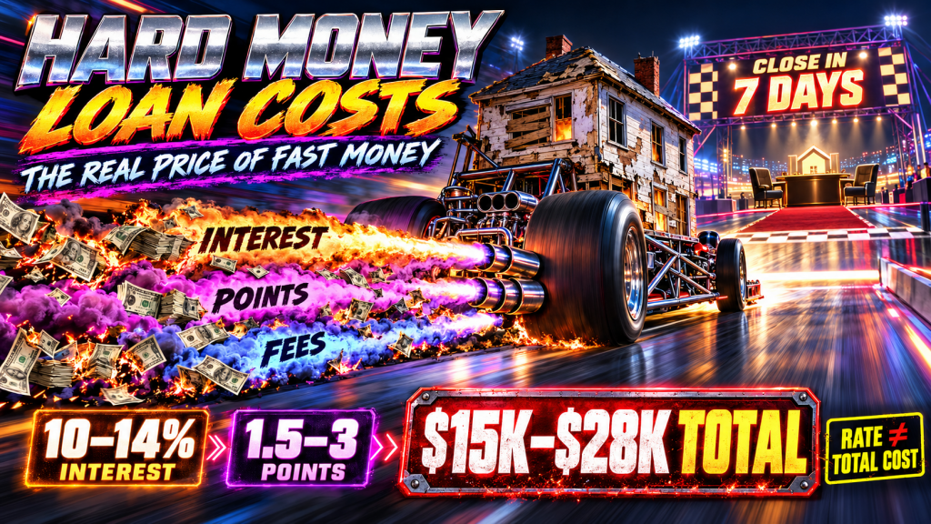 Hard money loan costs 10-14 percent interest 1.5-3 points totaling 15K to 28K on typical flip