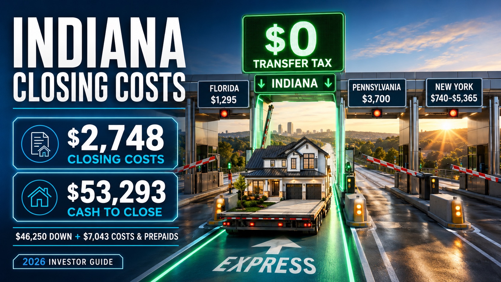 Indiana closing costs — $0 transfer tax $2,748 closing costs $53,293 total cash to close on $185K investment property 2026